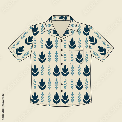 Short sleeve button up shirt with blue leaf pattern and pocket