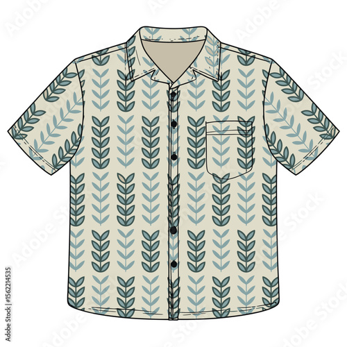 Short sleeve button up shirt with vertical leaf pattern