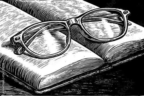 pair of vintage eyeglasses resting on an open book, great for book club logos, library signage or desk illustrations a black and white line art illustration
