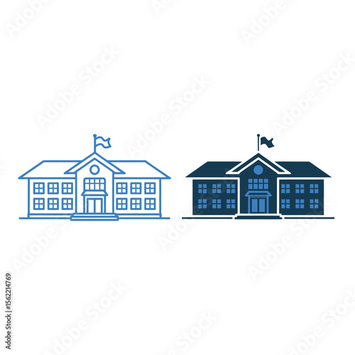 Two stylized school buildings one outline one solid blue with flags