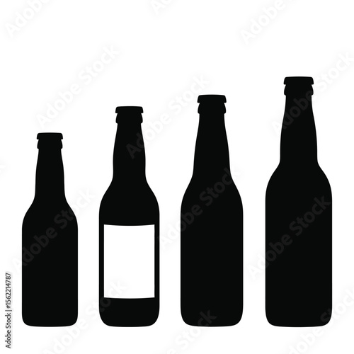 Four black silhouettes of beer bottles of varying sizes on white background