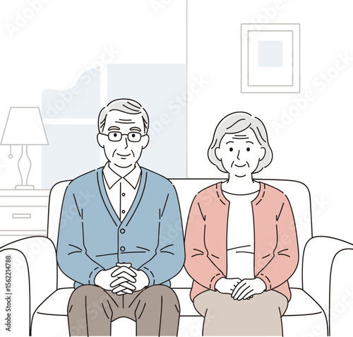 Senior Couple Sitting on Couch, Comfortable Home Setting, Retirement and Family Bond Illustration
