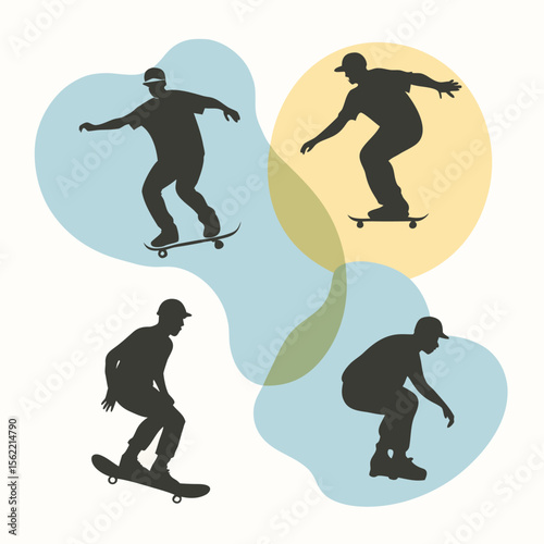  a minimalist silhouette illustration. The image features four distinct poses of a skateboarder in motion,