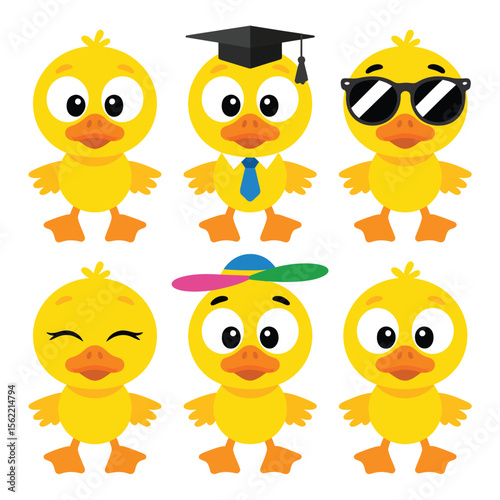 Six cute cartoon ducklings dressed in various outfits and accessories