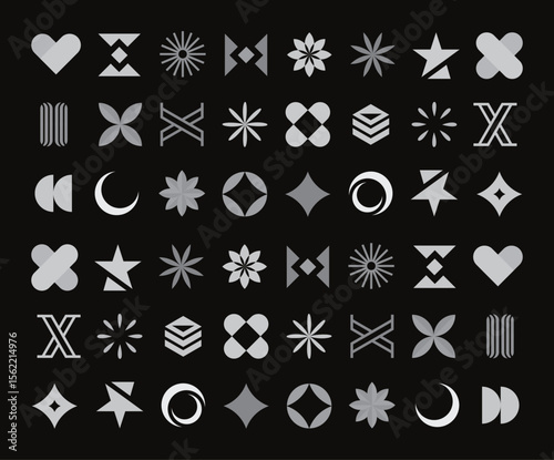 Set of geometric logos space explosion, dazzling flash. Modern bold brutalist objects and shapes of the sun and stars. Colorful minimalistic figures silhouettes.
