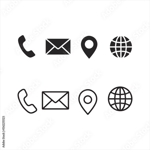 Simple Black Contact Icons: Phone, Email, Location, Globe; Website UI Design Elements