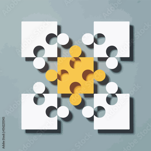 Abstract geometric puzzle pieces connecting to form a central yellow square