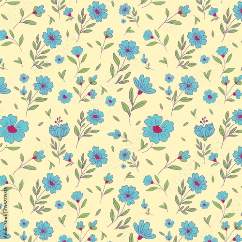 Bright summer floral seamless pattern with cyan blue blossoms and green branches on cream background for wrapping paper or fabric design.