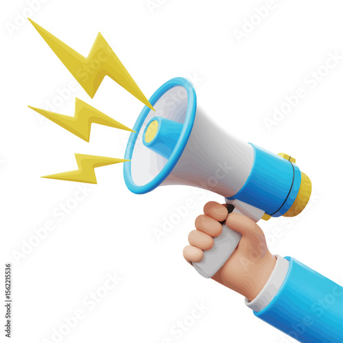 Hand holding a blue and white megaphone with yellow lightning bolts emanating from the speaker