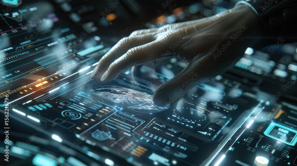 Obraz premium Hand interacting with futuristic digital interface control panel technology