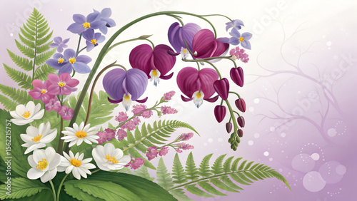 Digital illustration of colorful floral arrangement with orchids on pastel purple background. There is space for text. Design for backdrop or greeting card.
