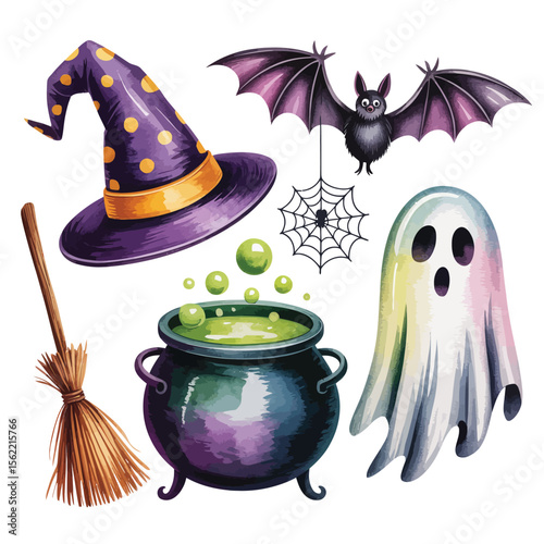 Whimsical halloween elements including a witch hat cauldron bat ghost and broom