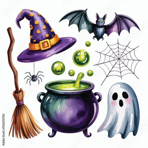 Watercolor halloween icons featuring witch hat cauldron bat spider ghost and cobweb