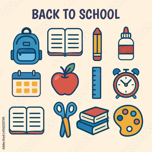 Back to school flat vector icon set with books, apple, alarm clock, backpack, pencil, ruler, and notebook, perfect for children education and school design