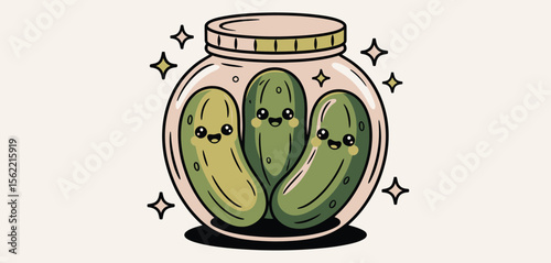 Cute cartoon pickles with happy faces in a jar surrounded by sparkles
