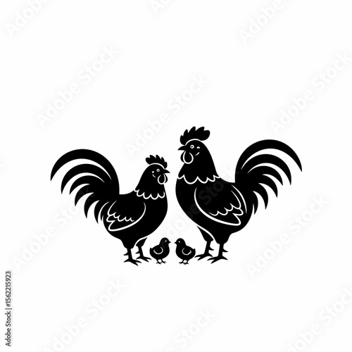 Two roosters and two chicks in black silhouette art