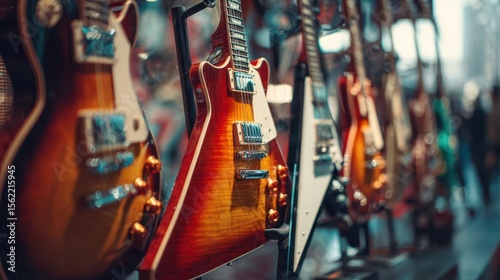 The stunning collection of electric guitars on display in a music shop