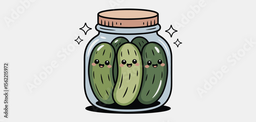 Cute cartoon pickles in a jar with happy faces and sparkling stars