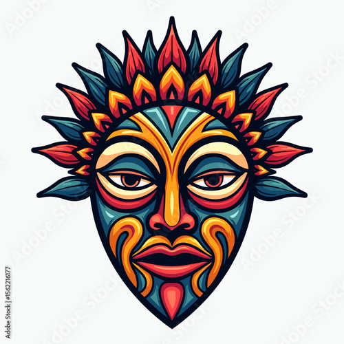 Colorful Tribal Mask with Floral Headdress Illustration, Ethnic Art and Cultural Symbolism