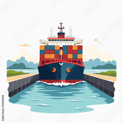 Container Ship Navigating a Canal, Flat Vector Illustration of Global Trade and Transportation