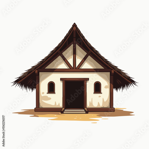 Illustration of a quaint, rustic house with a thatched roof and timber frame construction, evoking a sense of rural charm