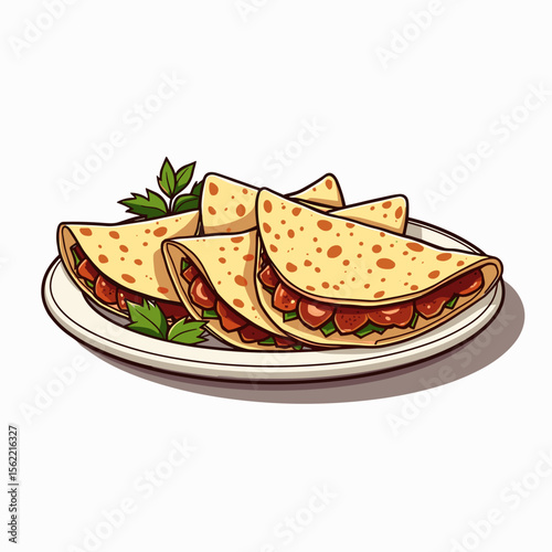 Delicious Crepes Filled with Red Bean Paste and Garnished with Fresh Parsley on a White Plate Illustration
