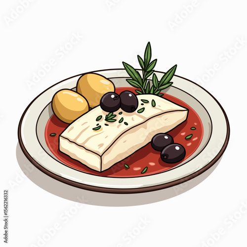 Illustration of Baked Feta Cheese with Olives, Potatoes, and Tomato Sauce on a White Plate