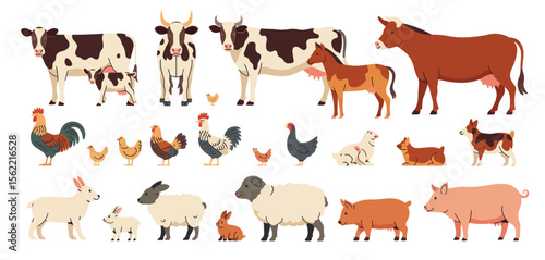 Collection of farm animals including cows horses chickens sheep rabbits and pigs