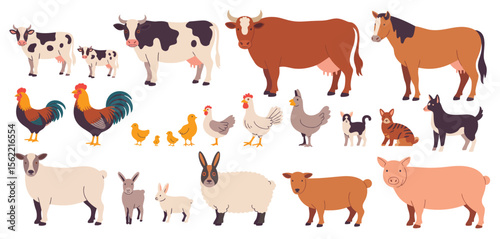 Collection of farm animals including cows chickens sheep horses pigs and dogs