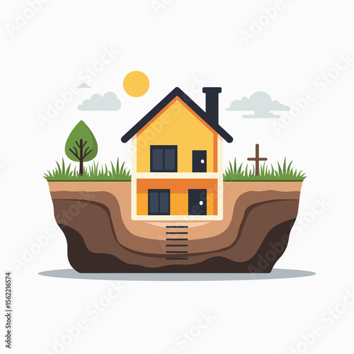Illustration of a House with a Hidden Basement and Underground Tunnel, Flat Design