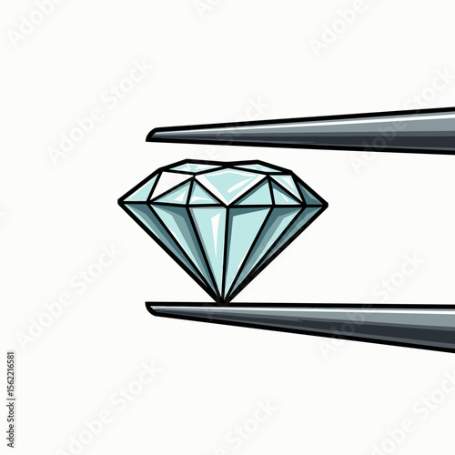 Illustration of a Brilliant Cut Diamond Held Securely by Tweezers, Isolated on White Background