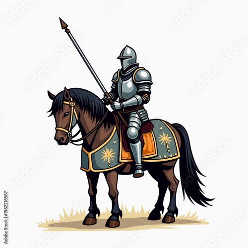Illustration of a Medieval Knight in Full Armor Riding a Horse with a Lance