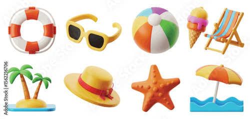 Collection of cartoon summer beach vacation icons with a lifebuoy sunglasses beach ball ice cream and more
