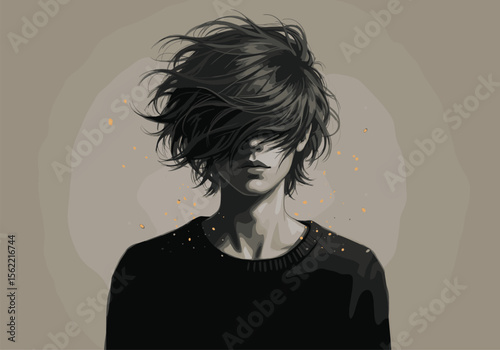 Mysterious Figure with Blurred Hair, Minimalist Illustration, Enigmatic Character Design