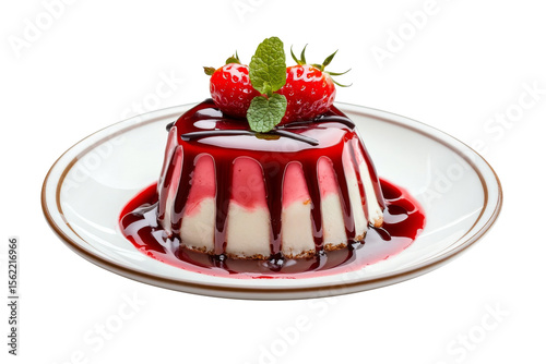 Creamy vanilla pudding with berry sauce and fresh strawberry topping isolated on trasnparent background