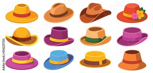 Collection of twelve colorful cartoon hats for men and women in different styles