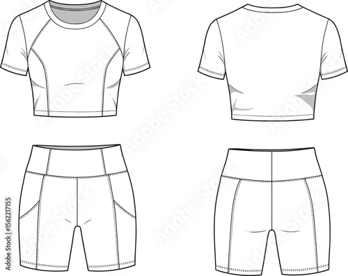 Women’s crop top and biker shorts technical flat sketch, vector activewear template, fitted athletic outfit design, workout clothing illustration