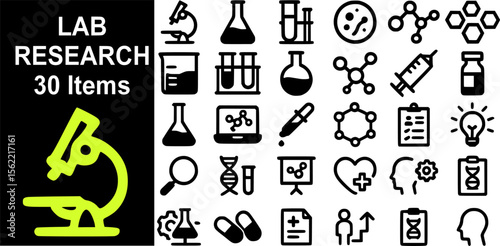 Set of 30 vector icons illustrating laboratory research: test tubes, microscope, chemical flasks, DNA analysis, lab technician, research notebook, diagnostics, biochemistry, clean black and white styl