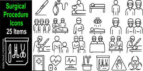 Surgical Procedure Icons – Operation Tools, Medical Staff, Surgery Steps, Hospital Equipment (25 Items)