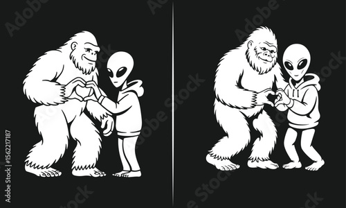 Bigfoot and Alien Heart Gesture – Cute and Playful Sasquatch and Extraterrestrial Illustration