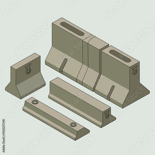 Collection of concrete jersey barriers and traffic control barricades on a light gray background