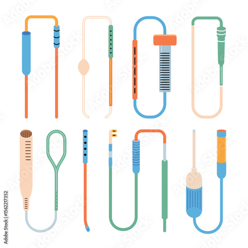 Collection of medical catheters and tubes with different designs and colors