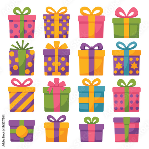 Collection of sixteen colorful gift boxes with ribbons and bows