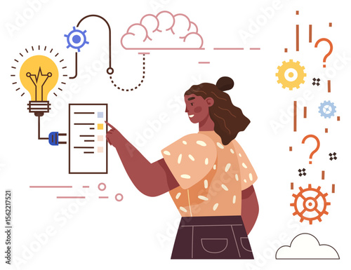 Woman interacting with a checklist, surrounded by a lightbulb, gears, and clouds symbolizing ideas, innovation, and solutions. Ideal for teamwork, strategy, workflow productivity creativity