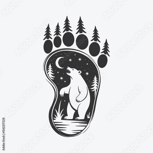 Bear Footprint with Forest, Moon, and Night Sky - Nature and Wildlife Illustration