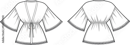 Women's Flat Sketch Template: Kimono Sleeve Top with Drawstring Waist and Lace Trim