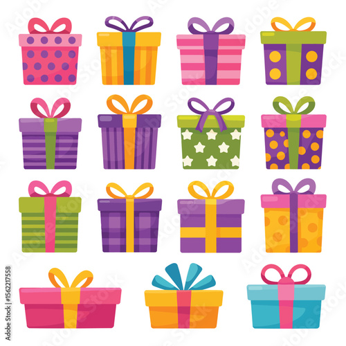 Collection of colorful gift boxes with ribbons and bows for celebrations