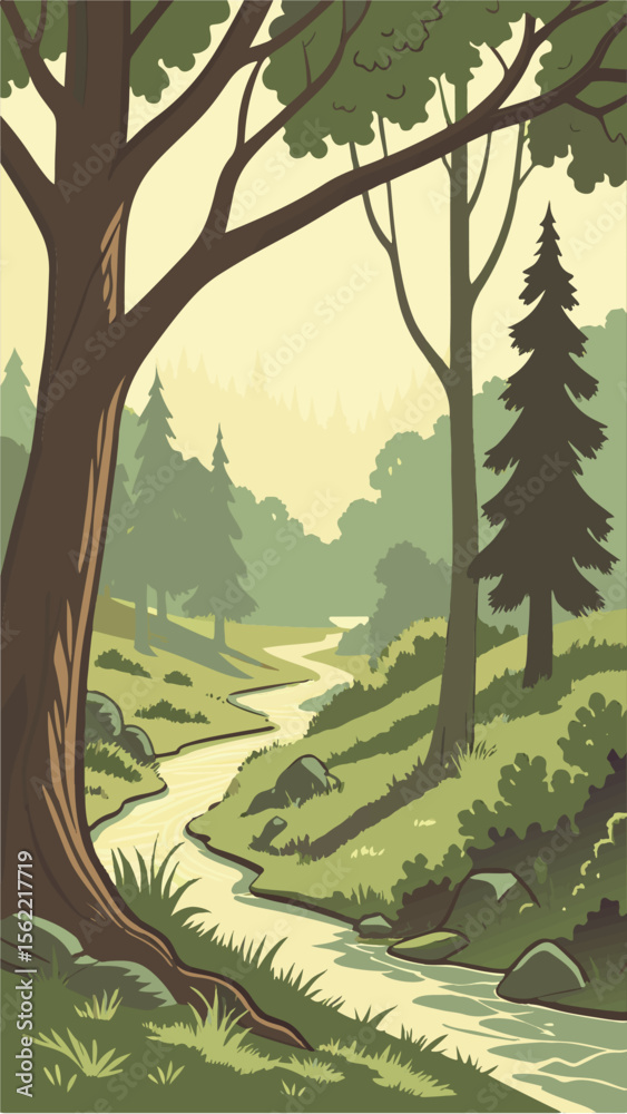 Forest landscape with green trees under a bright sky