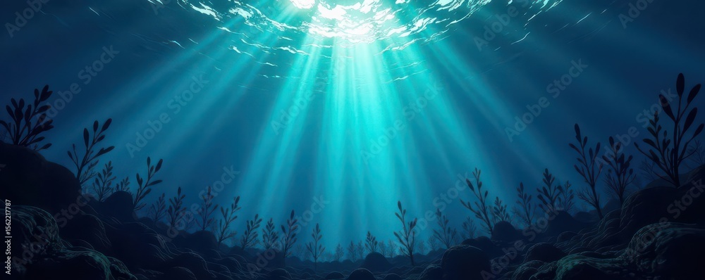 Obraz premium Silhouetted kelp forest, light piercing depths , blue, green, algae