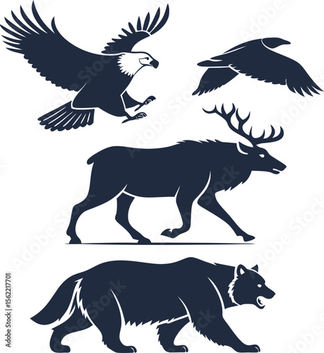 Wildlife Silhouettes: Eagle, Goose, Elk, and Bear Vector Set